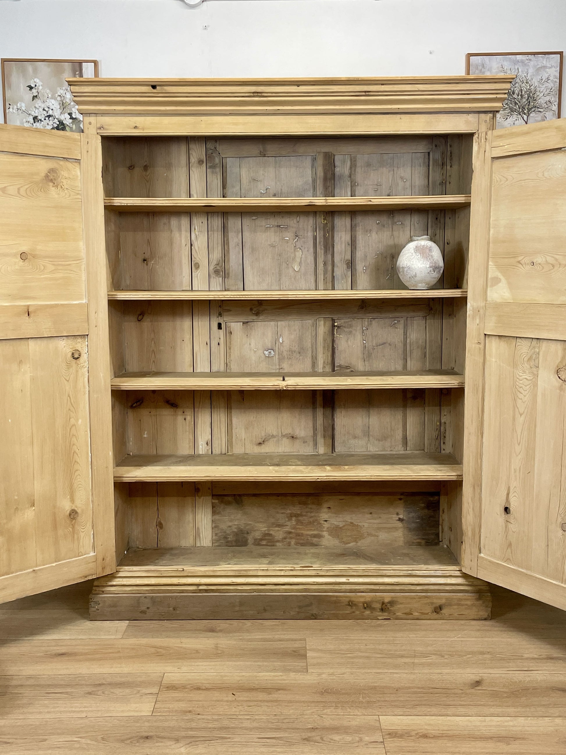 Antique pine farmhouse linen cupboard with shelves