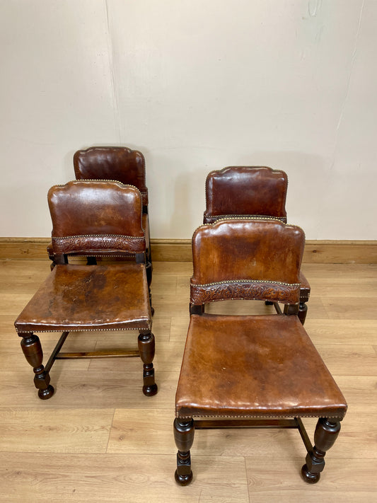 Antique Set of 4 Brown Leather Side Chairs – Arts & Crafts Oak