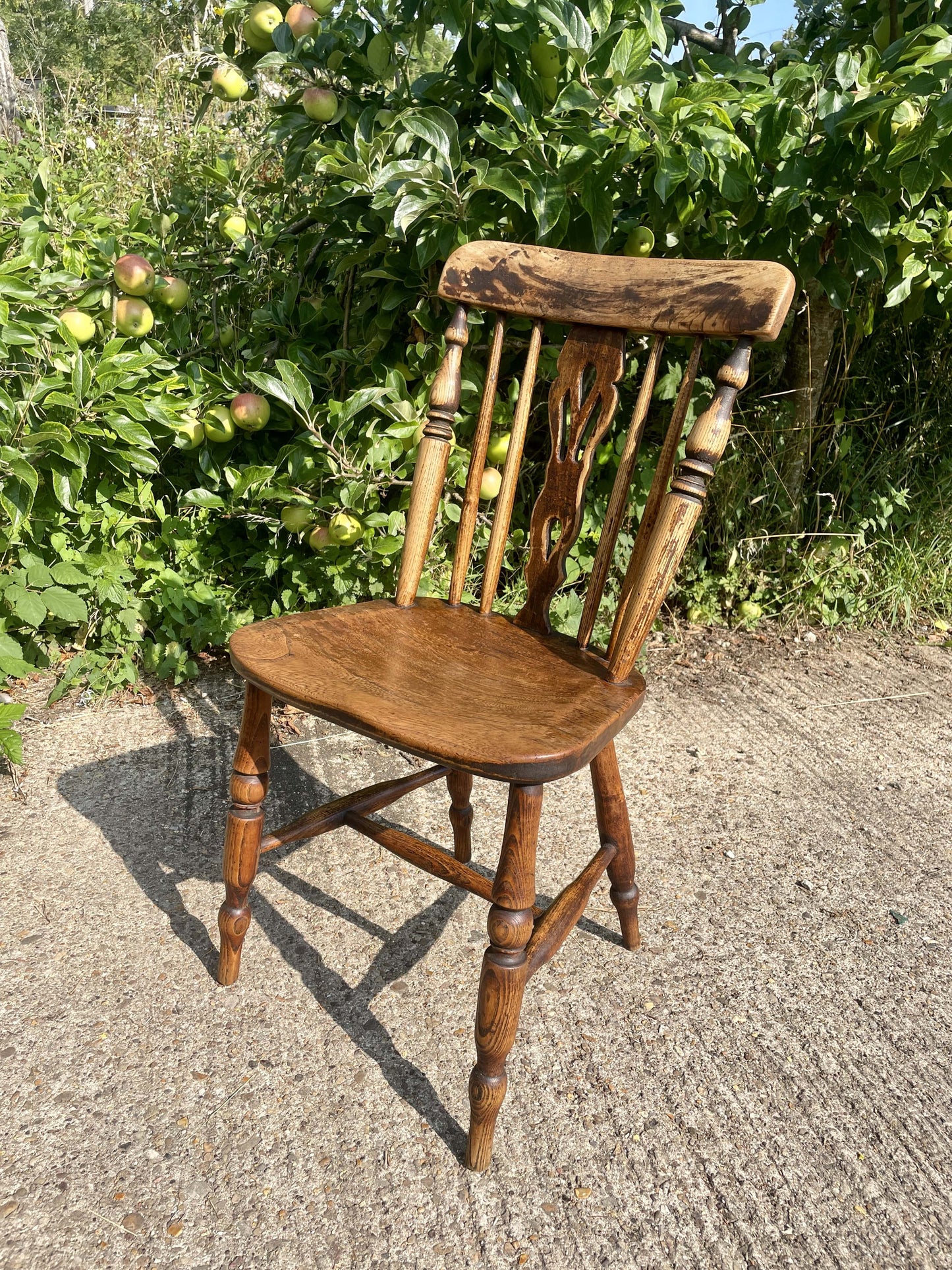 Wooden chair outdoors with greenery and apples in the background