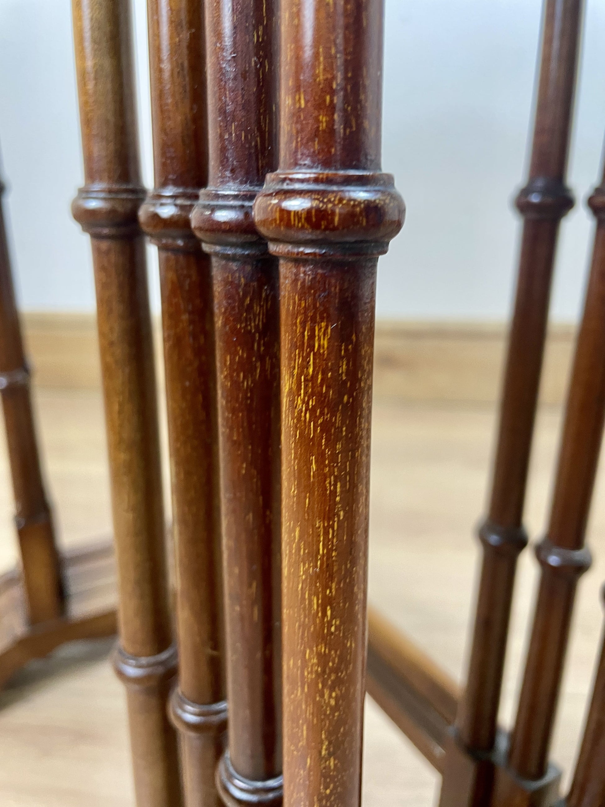 Close-up of wooden balusters with a blurred background