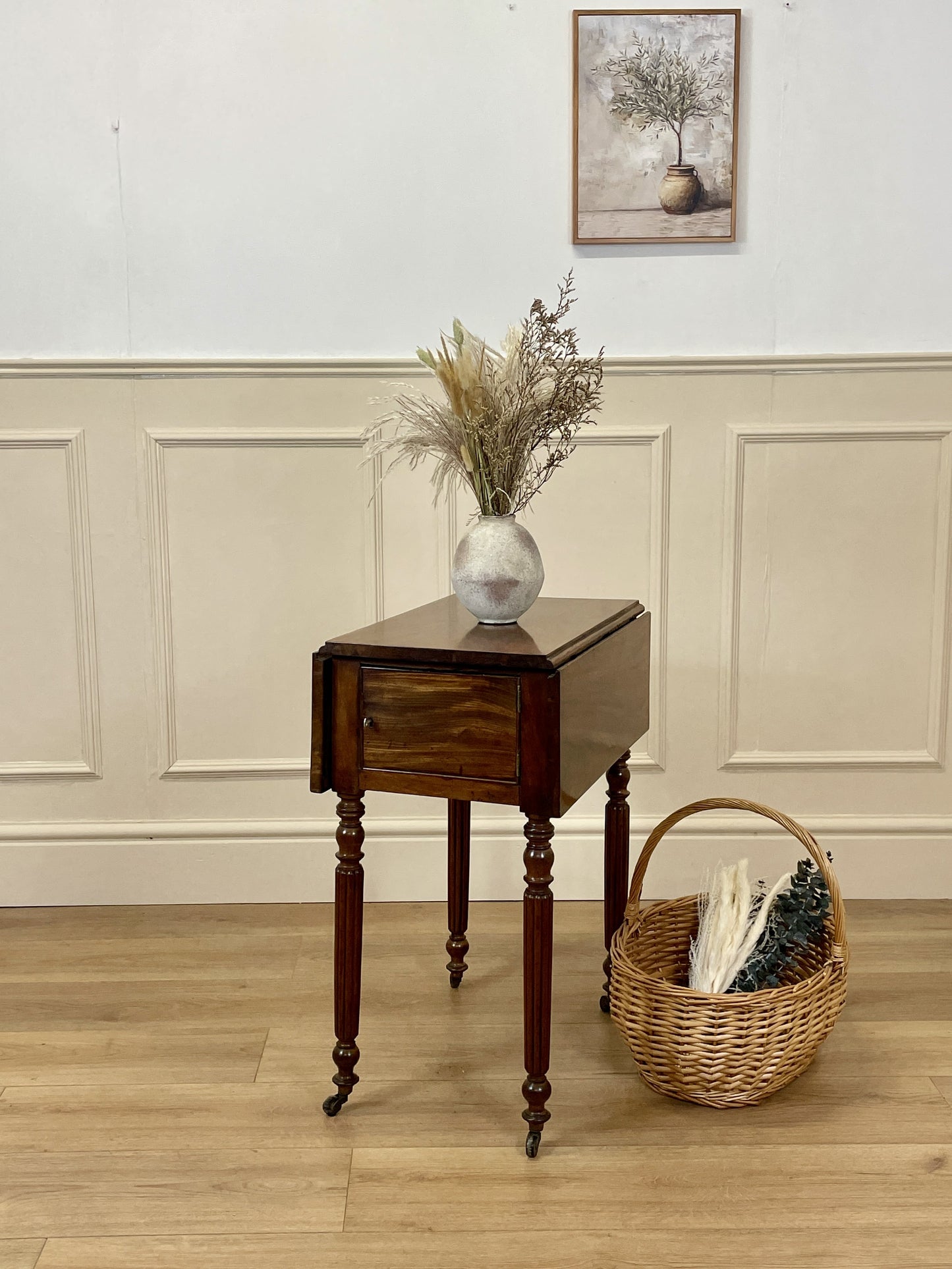 Antique Victorian mahogany sewing drop leaf table with cupboard and drawers on fluted legs with castor wheels, fully restored vintage furniture piece by Northwick Pine Antiques