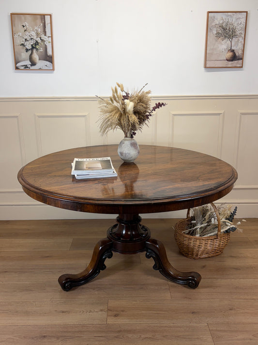Antique Victorian rosewood breakfast table with tilt top on castors, front view