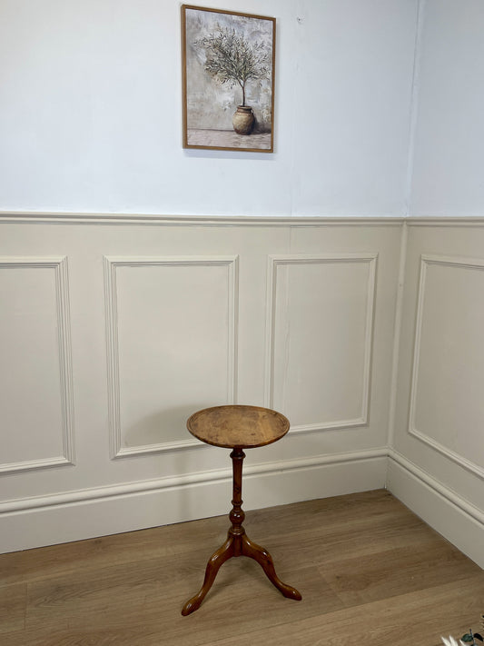 Antique yew wood small wine table with circular top and turned base