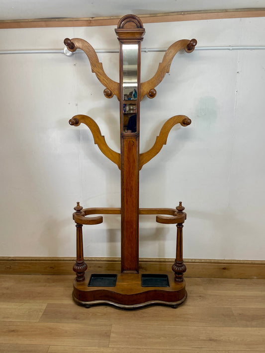 Antique Oak Coat Rack with Mirror – Restored Vintage Hall Stand