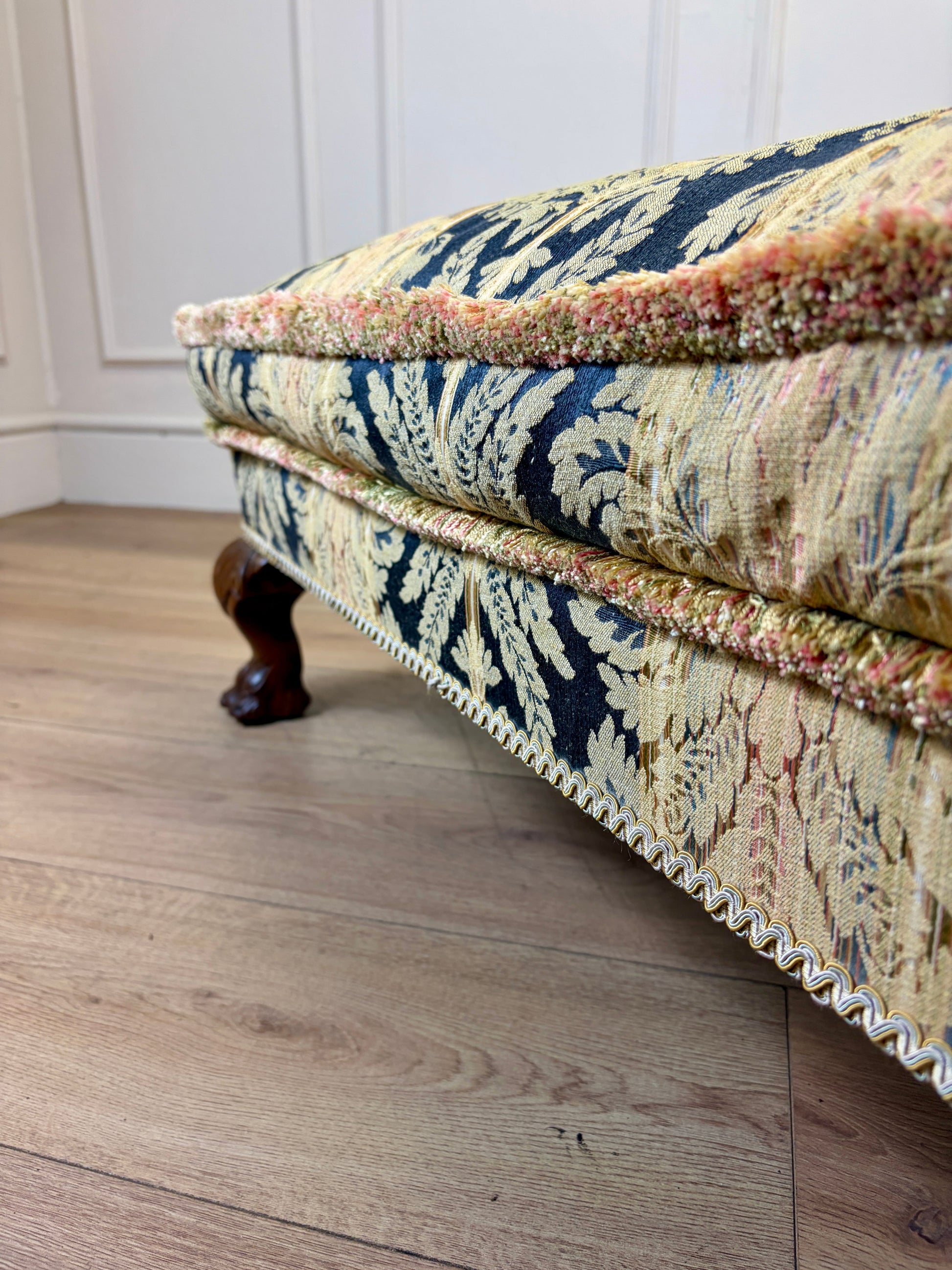 Mid century Georgian style upholstered footstool in excellent condition, long rectangular shape
