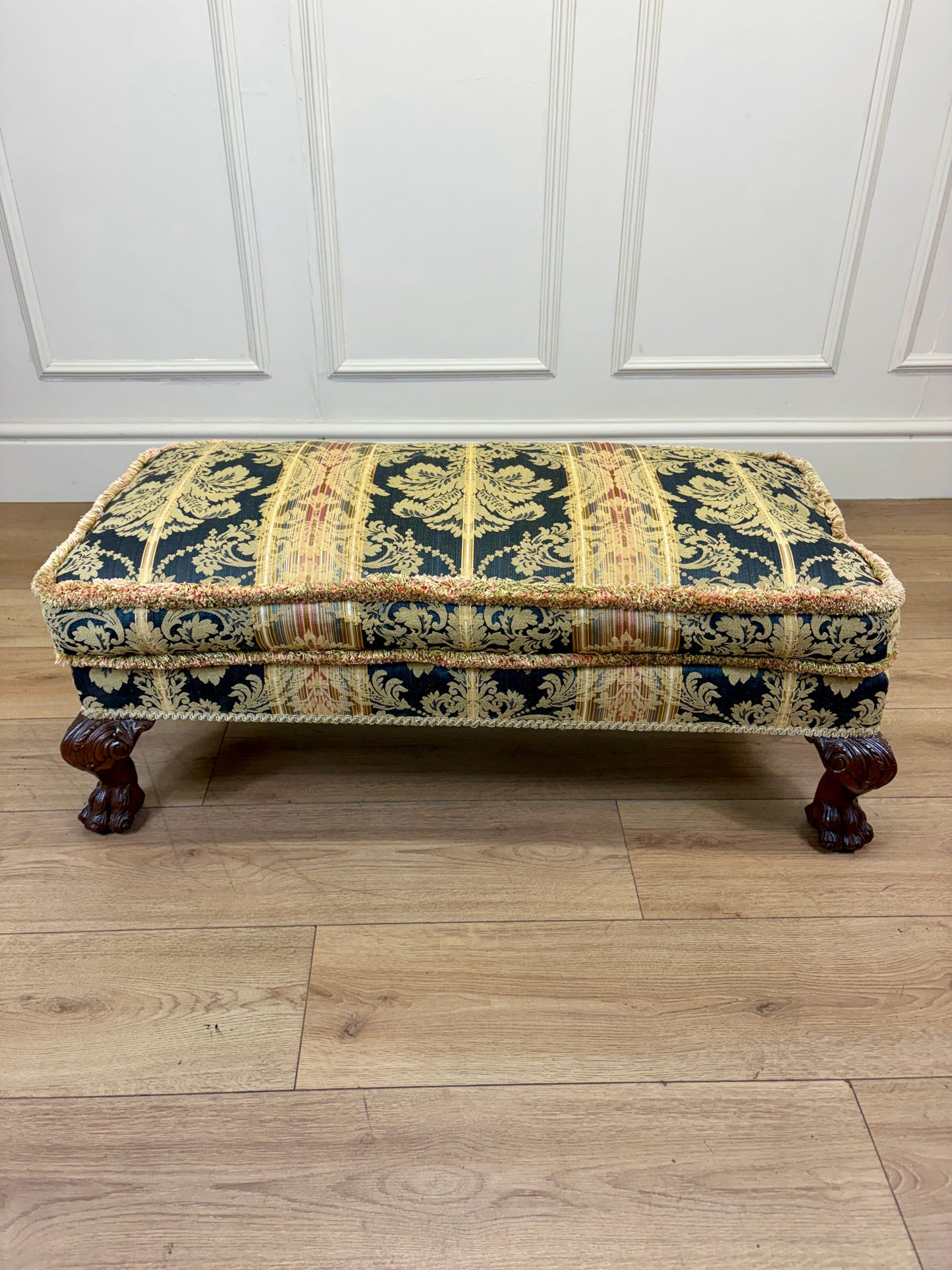 Mid century Georgian style upholstered footstool in excellent condition, long rectangular shape