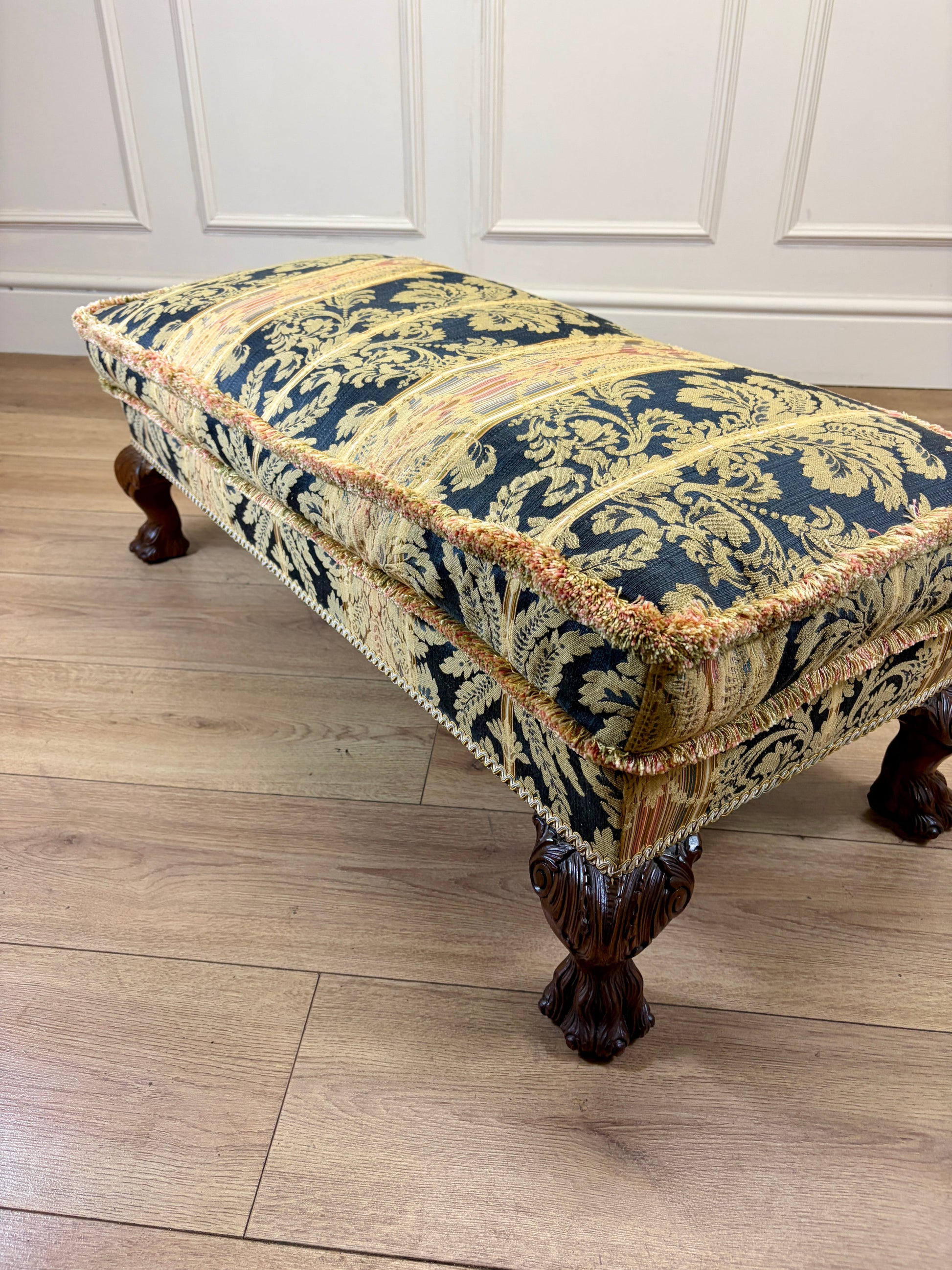 Mid century Georgian style upholstered footstool in excellent condition, long rectangular shape