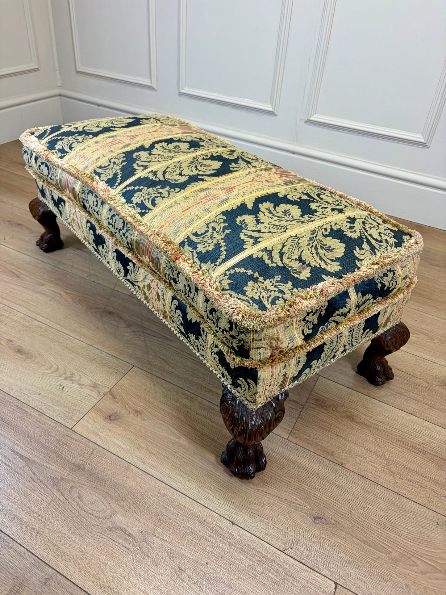 Mid century Georgian style upholstered footstool in excellent condition, long rectangular shape