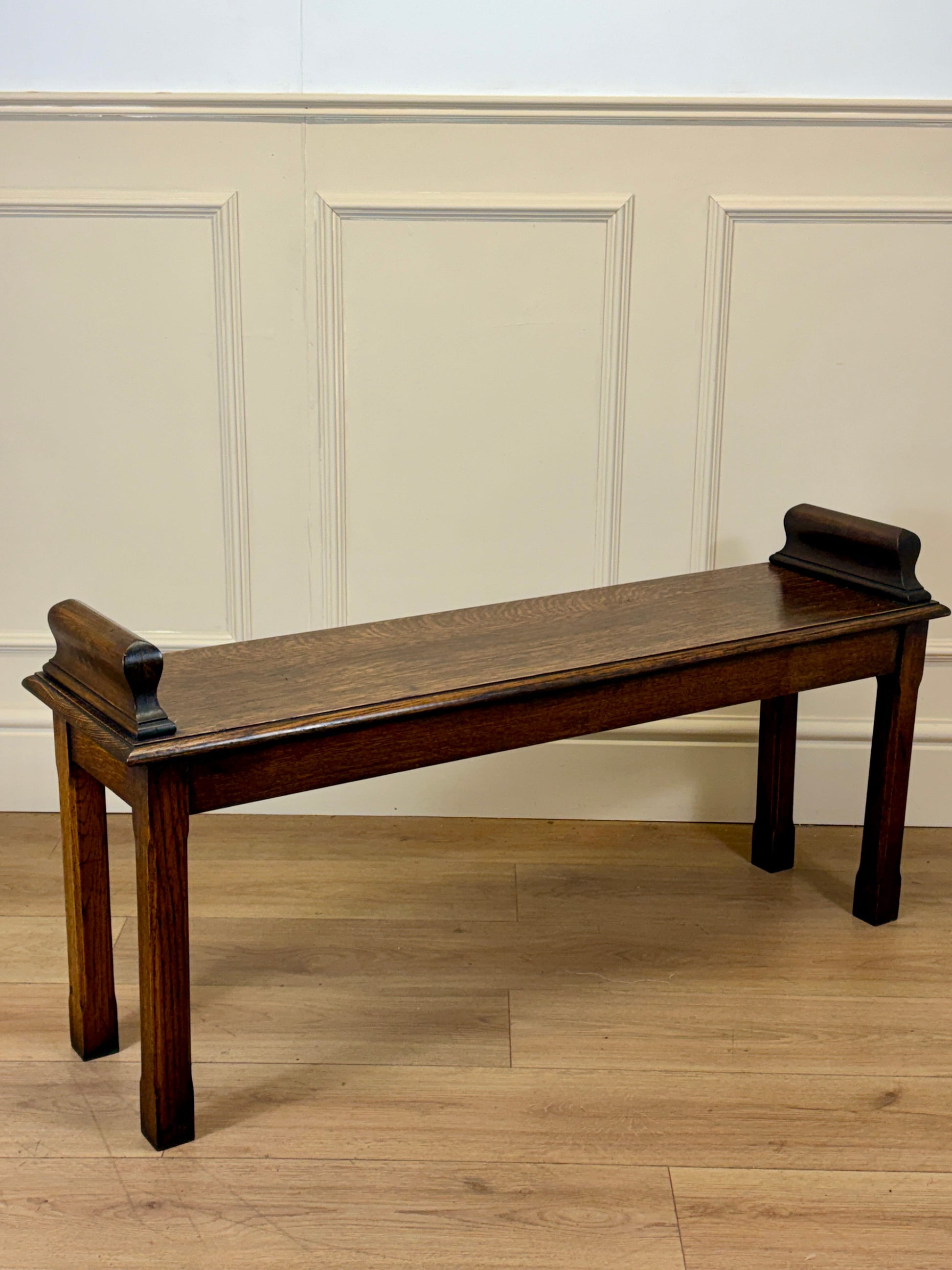 Mid century solid oak hallway bench / window seat with classic detailing, ideal for hallway or window.