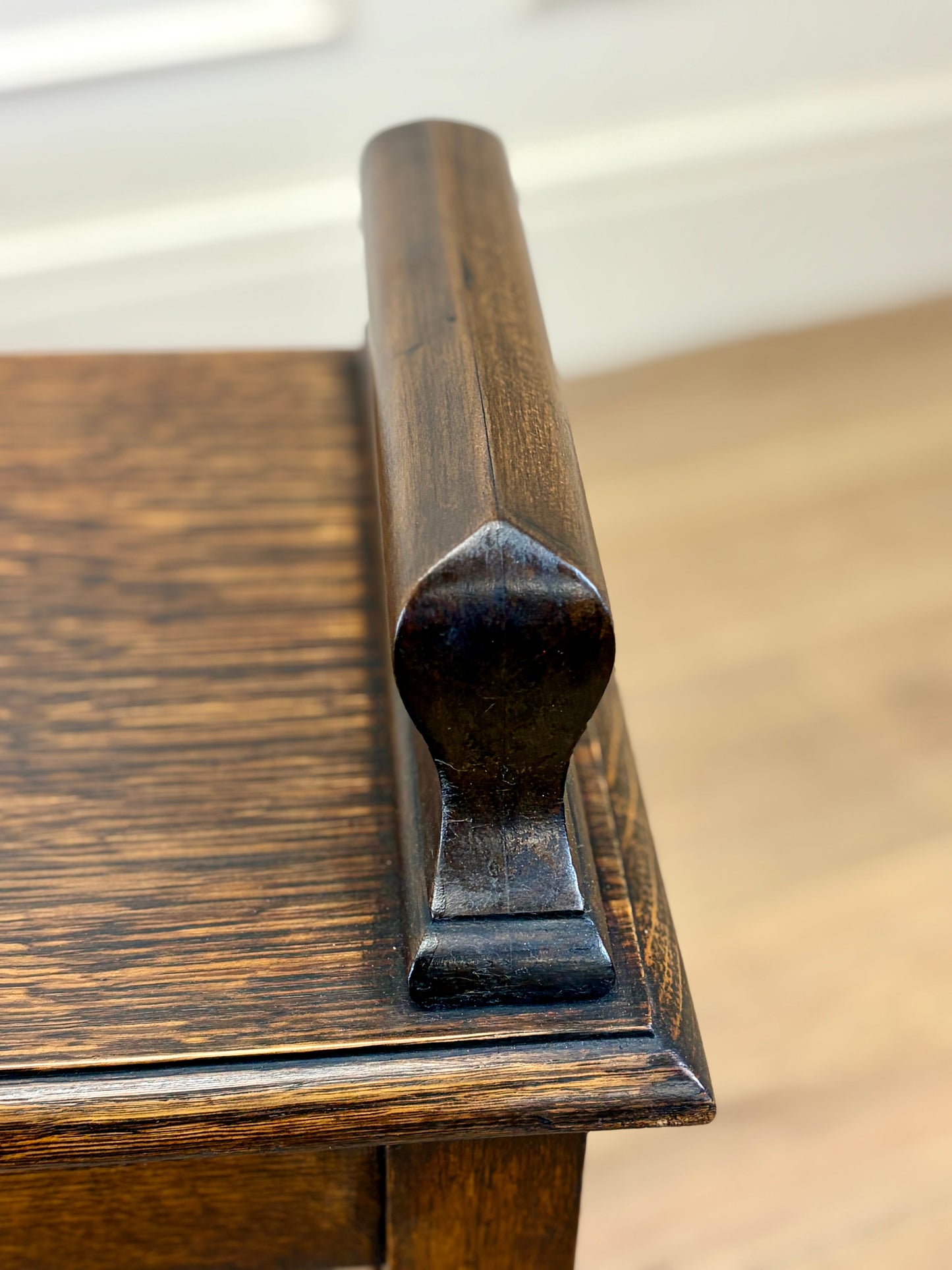 Mid century solid oak hallway bench / window seat with classic detailing, ideal for hallway or window.