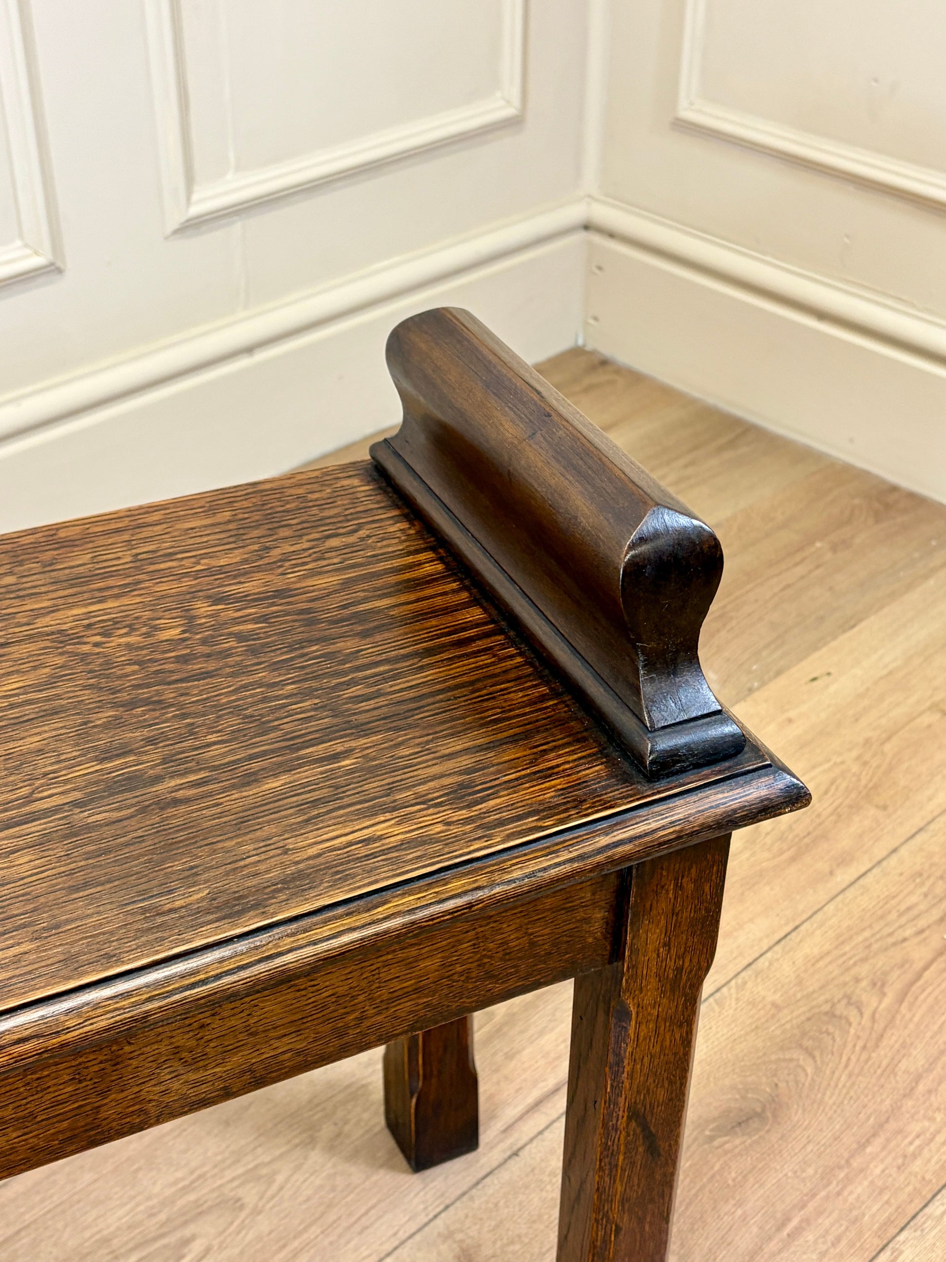 Mid century solid oak hallway bench / window seat with classic detailing, ideal for hallway or window.