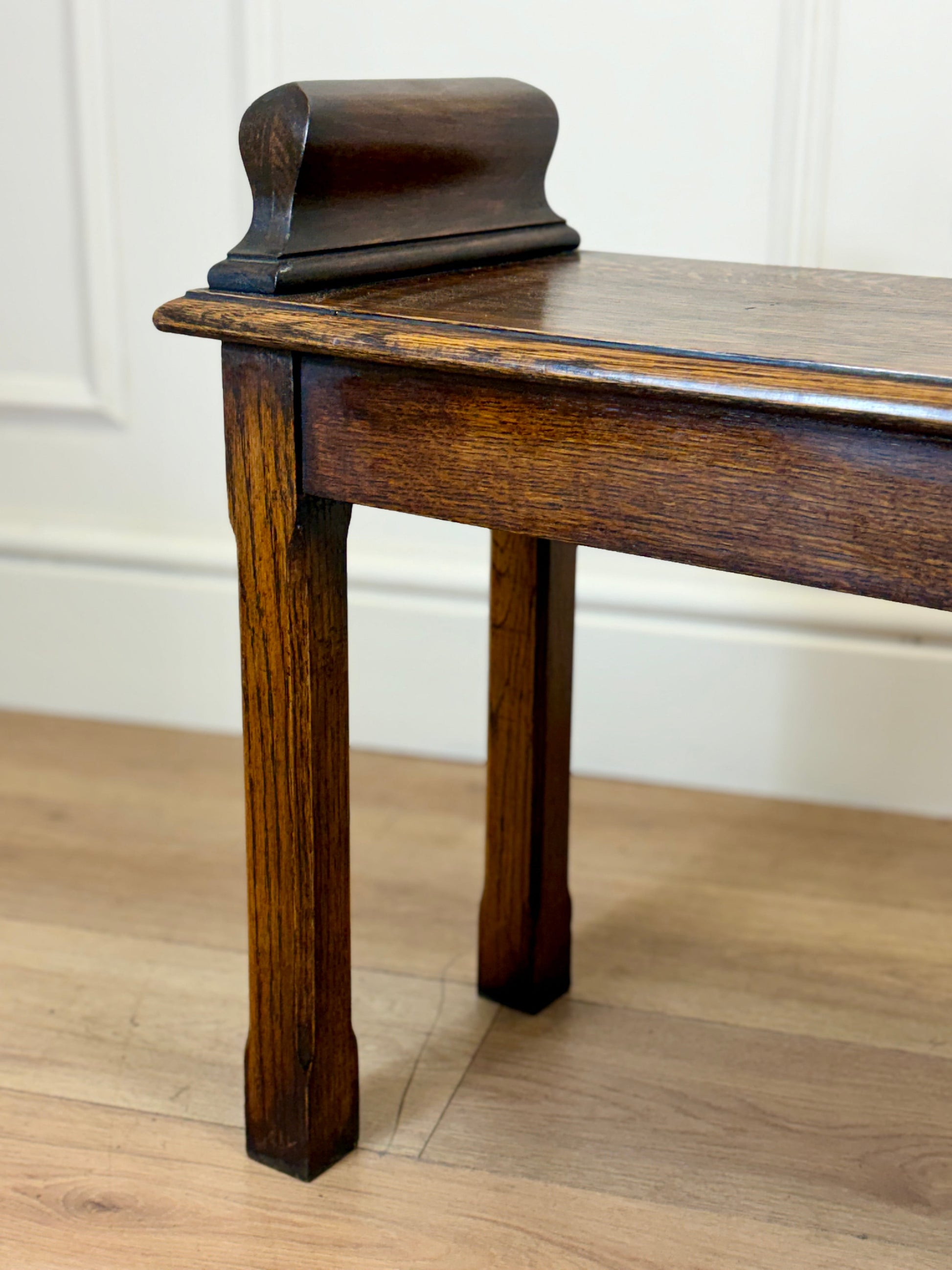 Mid century solid oak hallway bench / window seat with classic detailing, ideal for hallway or window.
