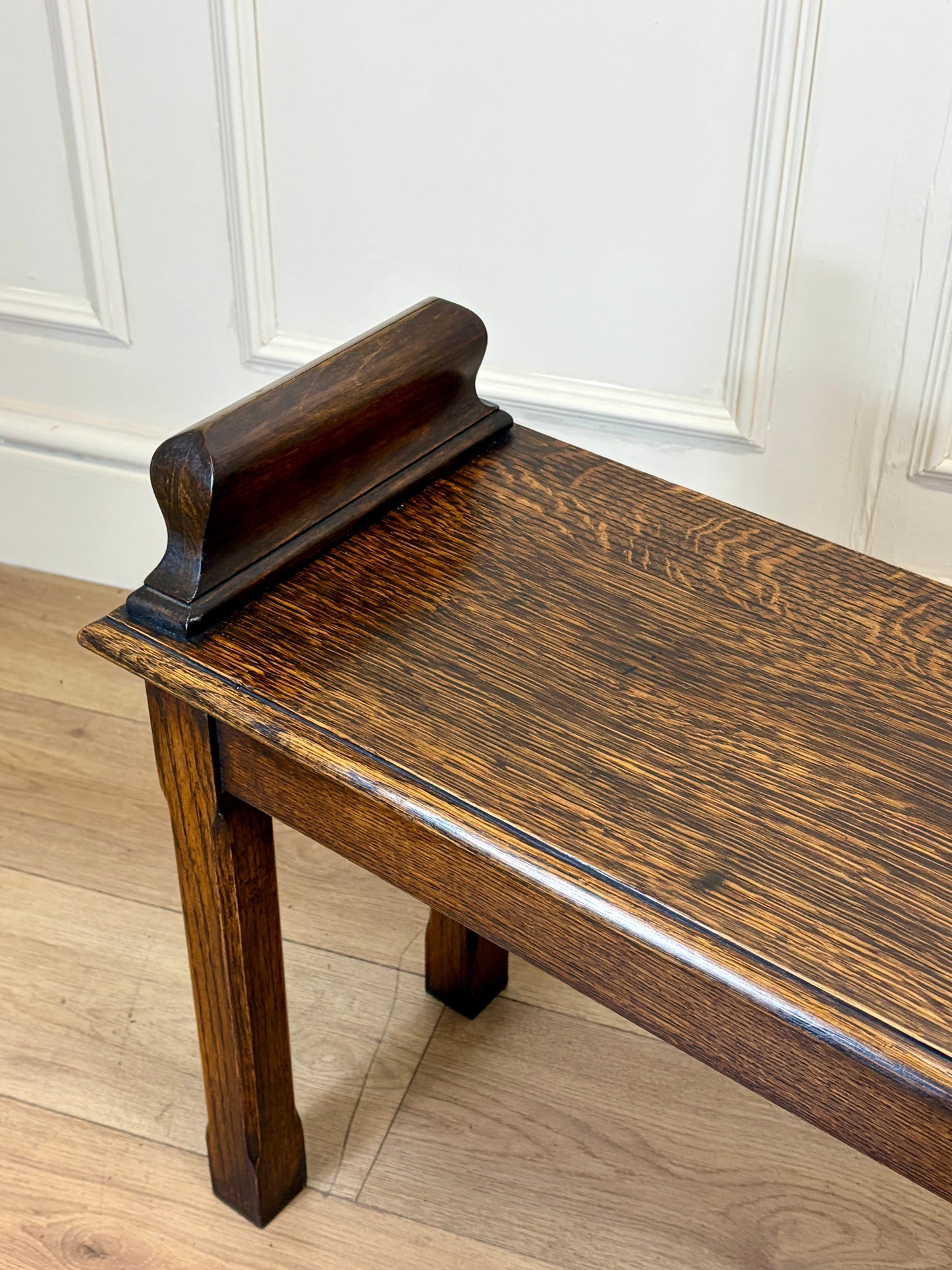 Mid century solid oak hallway bench / window seat with classic detailing, ideal for hallway or window.