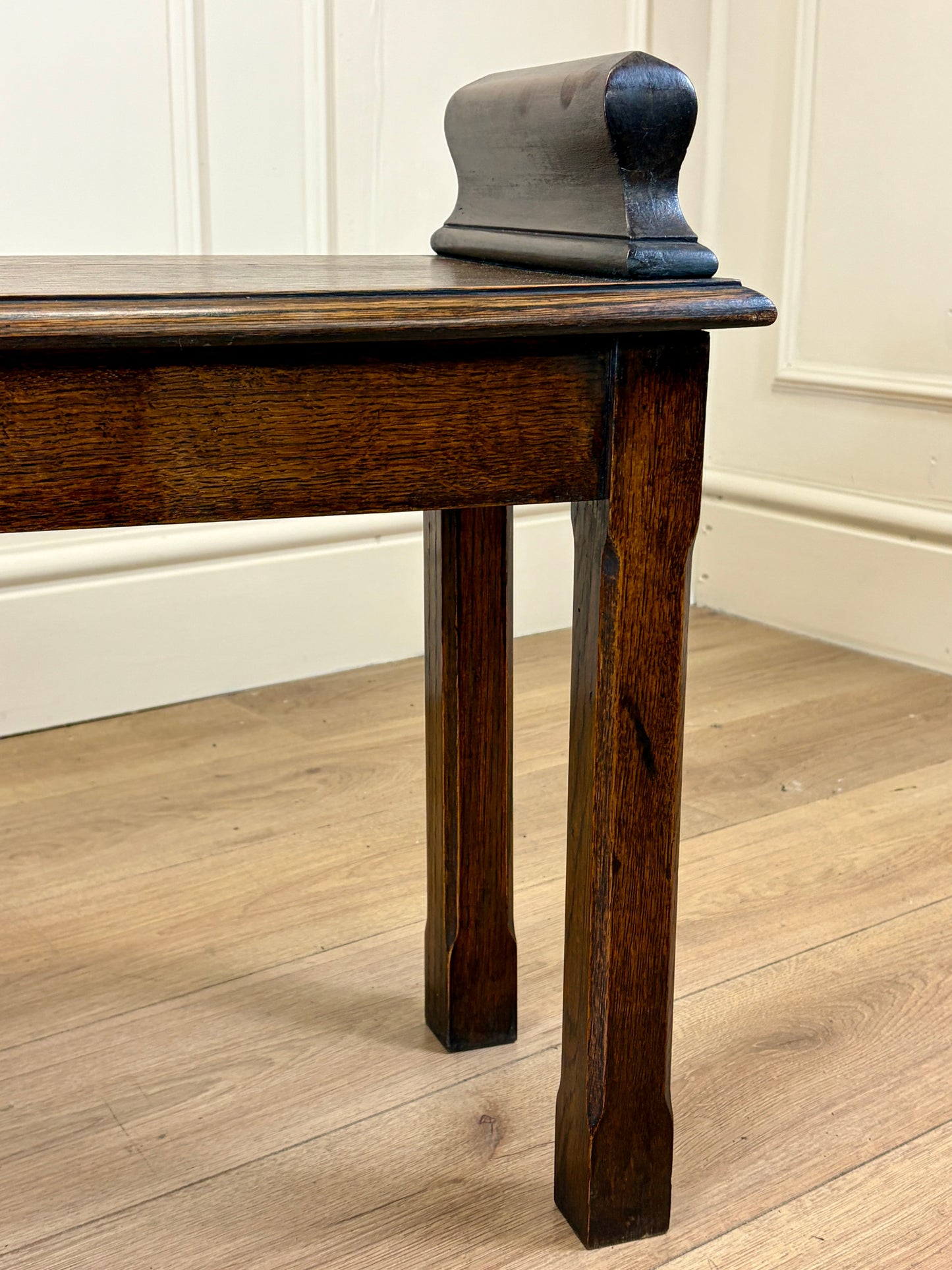 Mid century solid oak hallway bench / window seat with classic detailing, ideal for hallway or window.