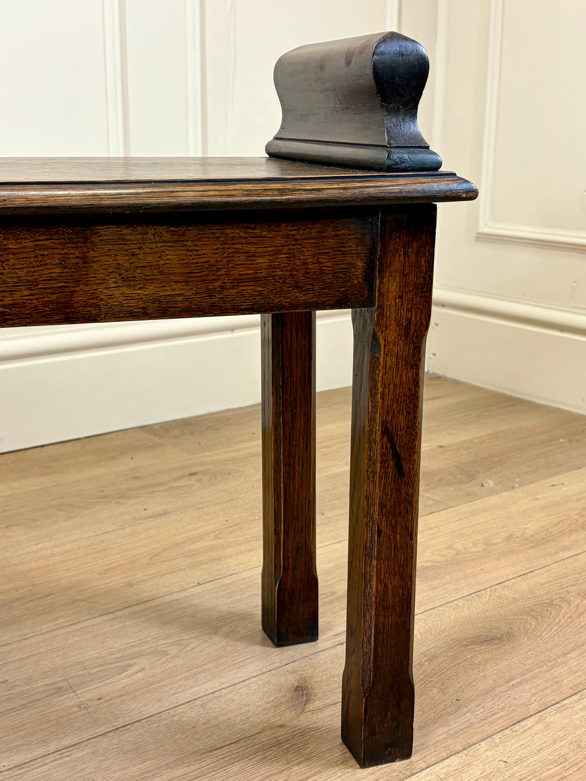 Mid century solid oak hallway bench / window seat with classic detailing, ideal for hallway or window.
