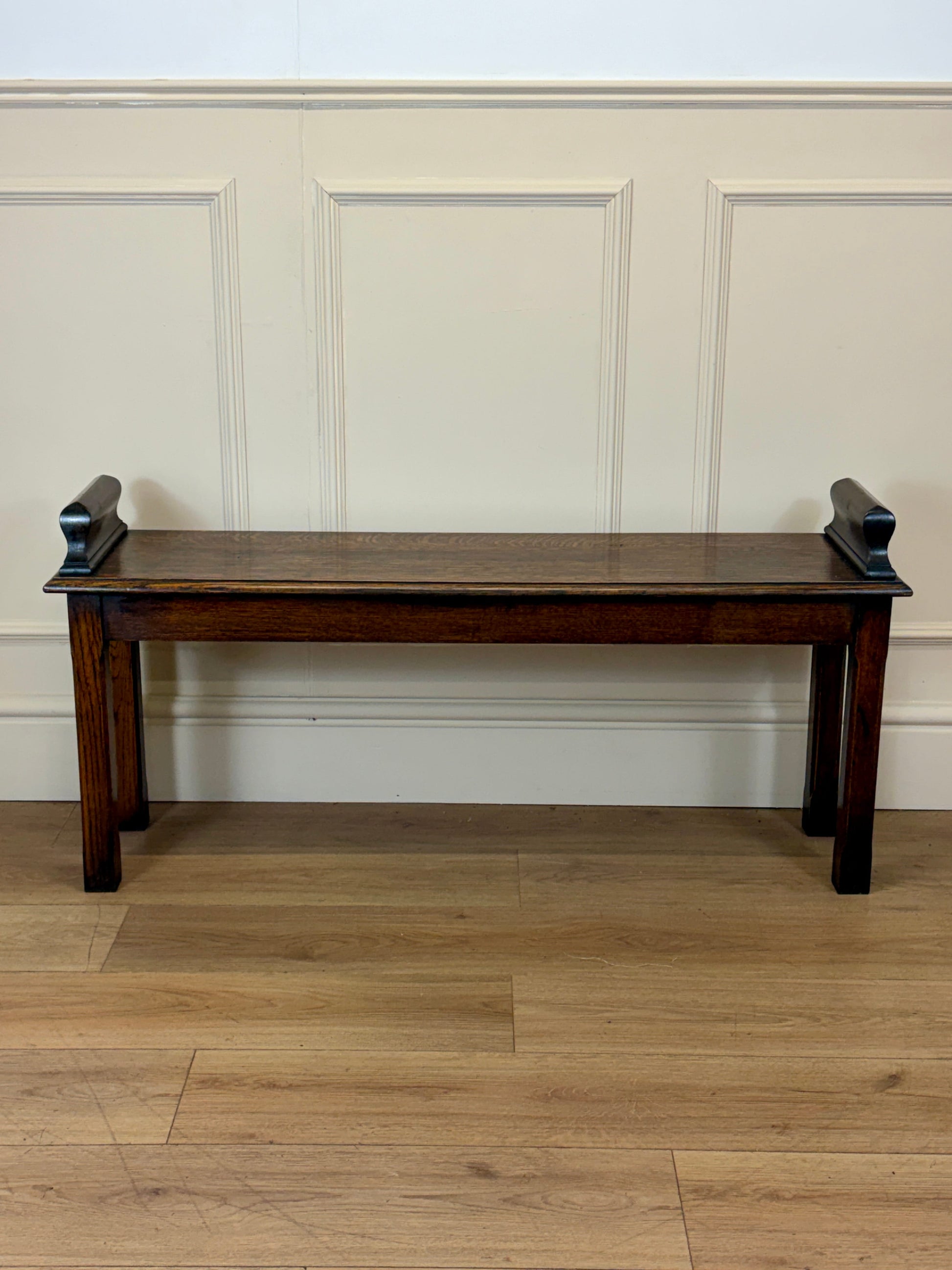Mid century solid oak hallway bench / window seat with classic detailing, ideal for hallway or window.