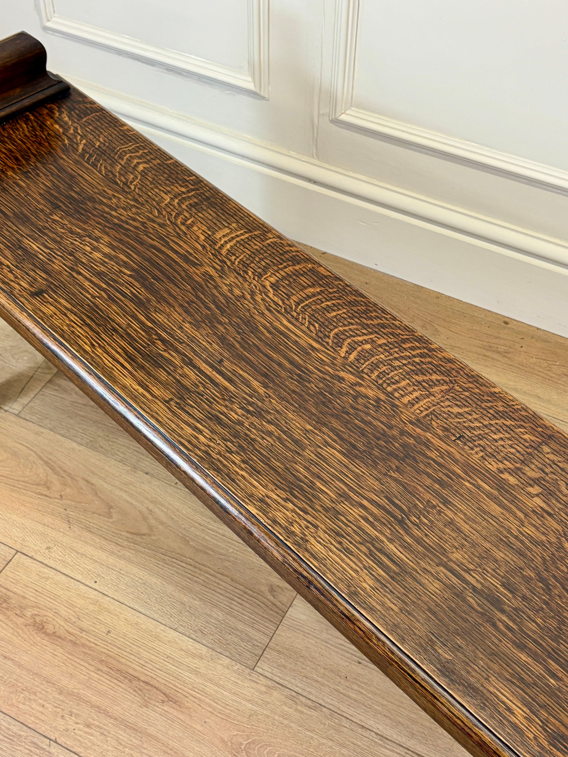 Mid century solid oak hallway bench / window seat with classic detailing, ideal for hallway or window.