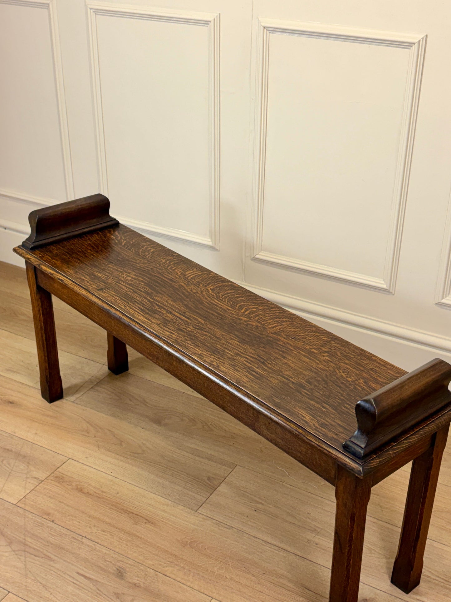 Mid century solid oak hallway bench / window seat with classic detailing, ideal for hallway or window.