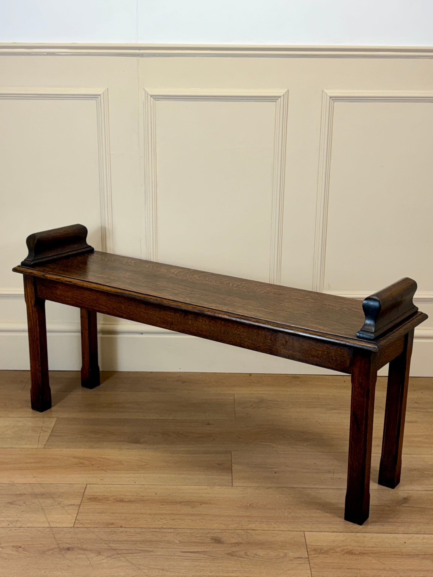 Mid century solid oak hallway bench / window seat with classic detailing, ideal for hallway or window.