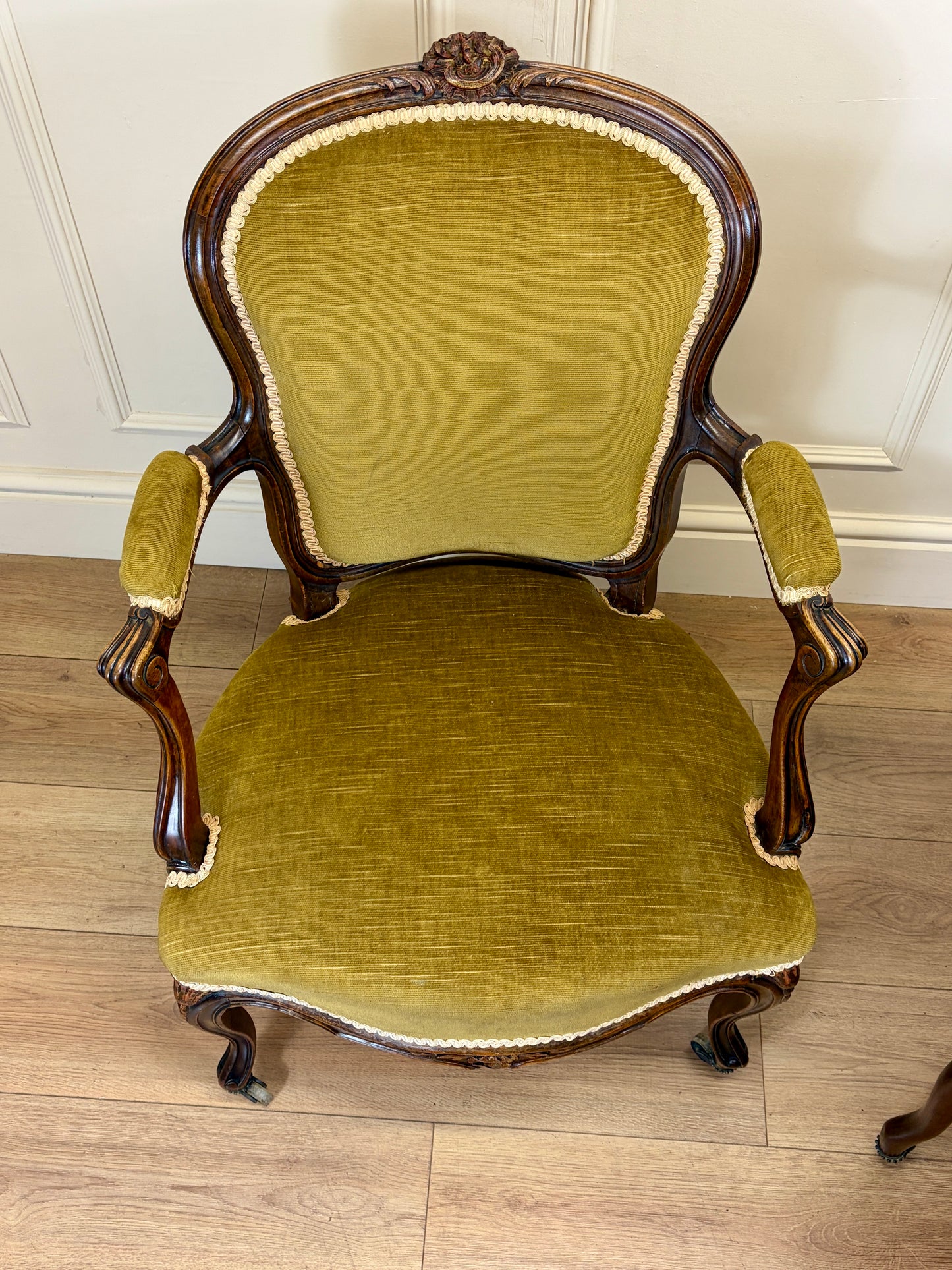 Pair of Antique Green Upholstered Louis XV Style Arm Chairs