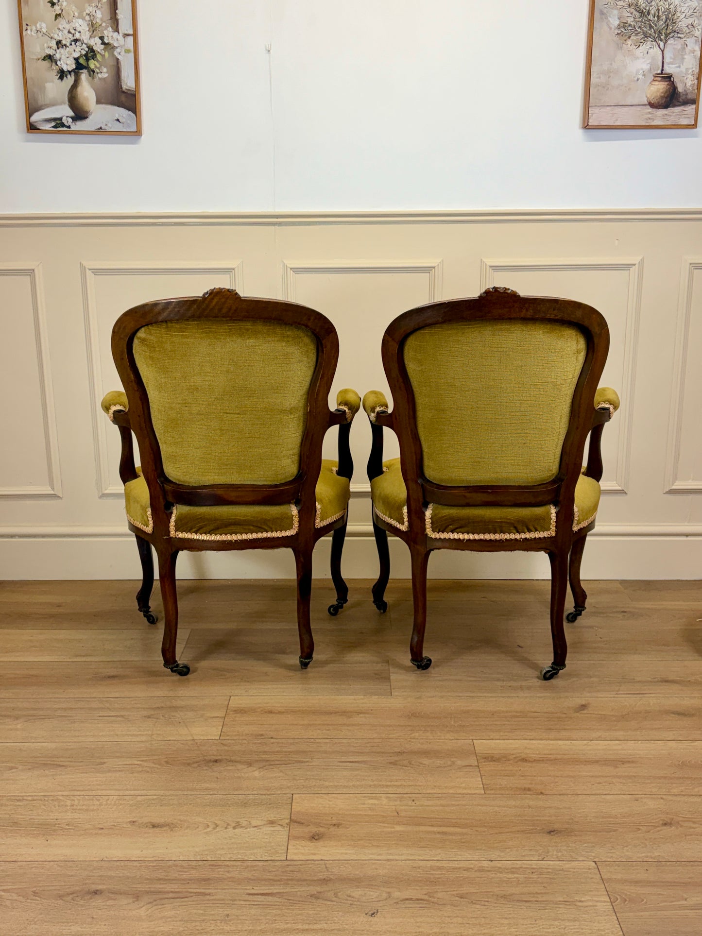 Pair of Antique Green Upholstered Louis XV Style Arm Chairs