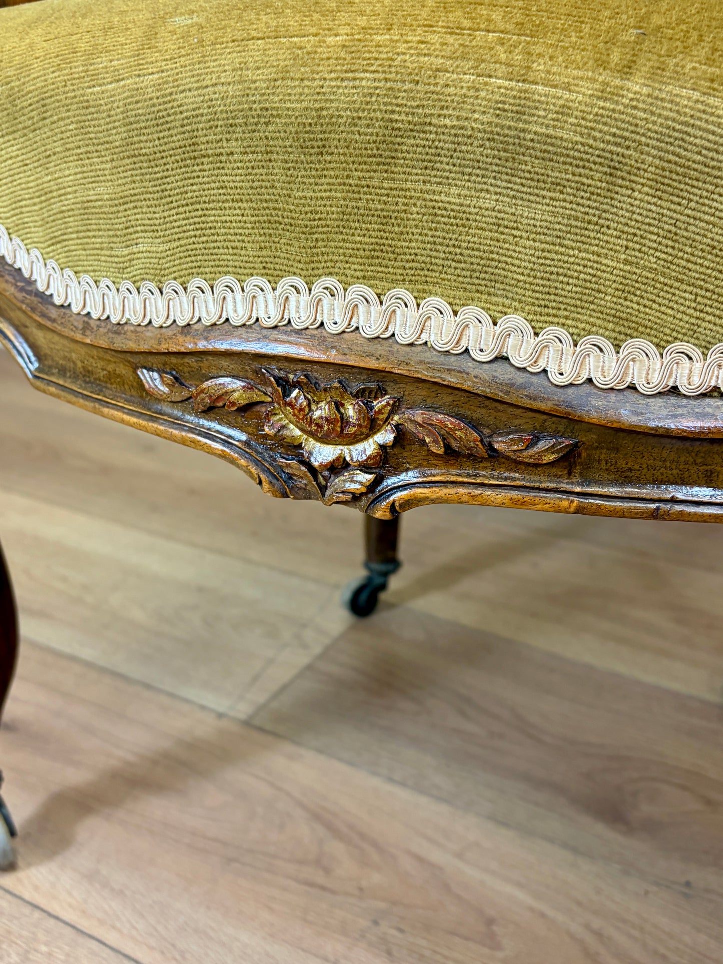 Pair of Antique Green Upholstered Louis XV Style Arm Chairs