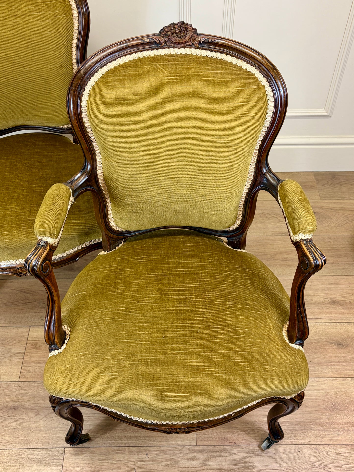 Pair of Antique Green Upholstered Louis XV Style Arm Chairs