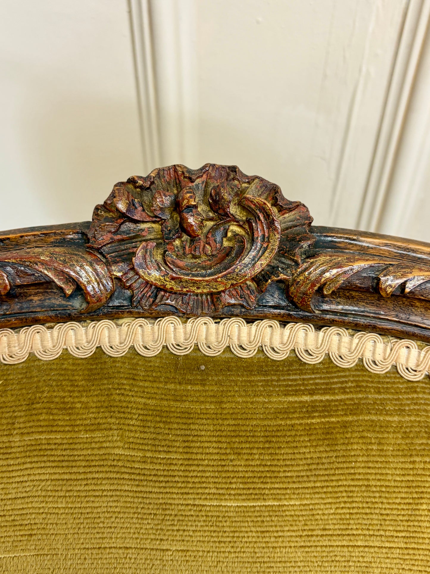 Pair of Antique Green Upholstered Louis XV Style Arm Chairs