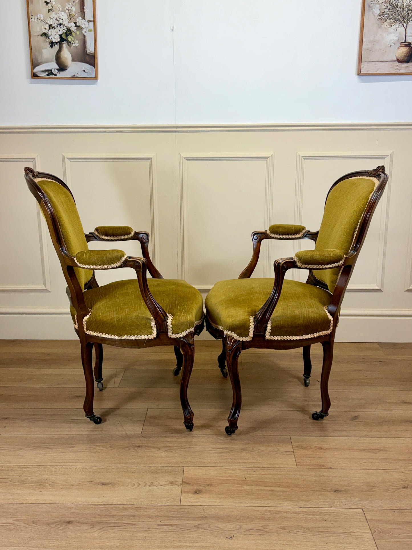 Pair of Antique Green Upholstered Louis XV Style Arm Chairs