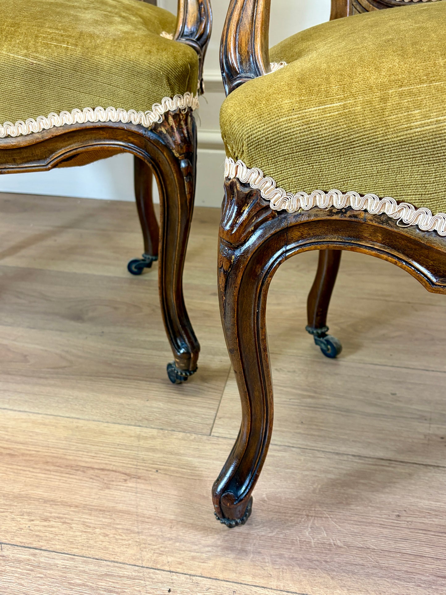 Pair of Antique Green Upholstered Louis XV Style Arm Chairs