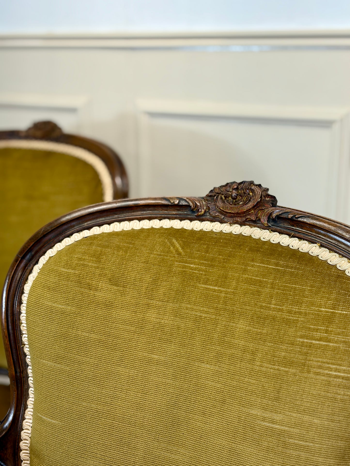 Pair of Antique Green Upholstered Louis XV Style Arm Chairs