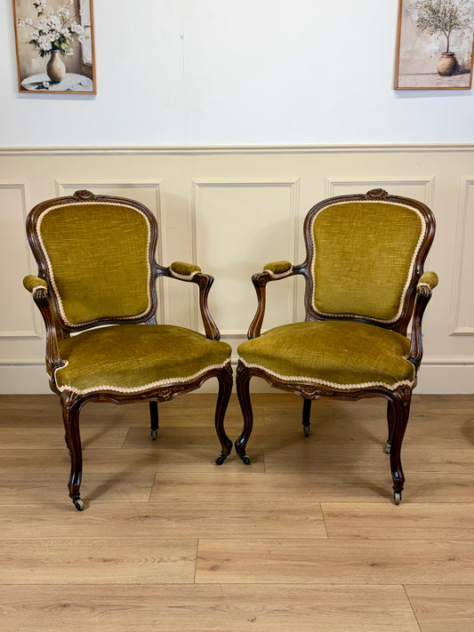 Pair of Antique Green Upholstered Louis XV Style Arm Chairs