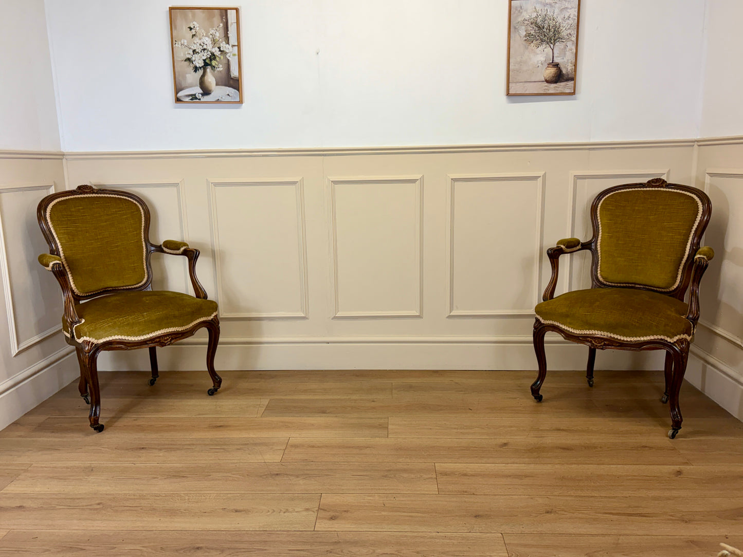 Pair of Antique Green Upholstered Louis XV Style Arm Chairs