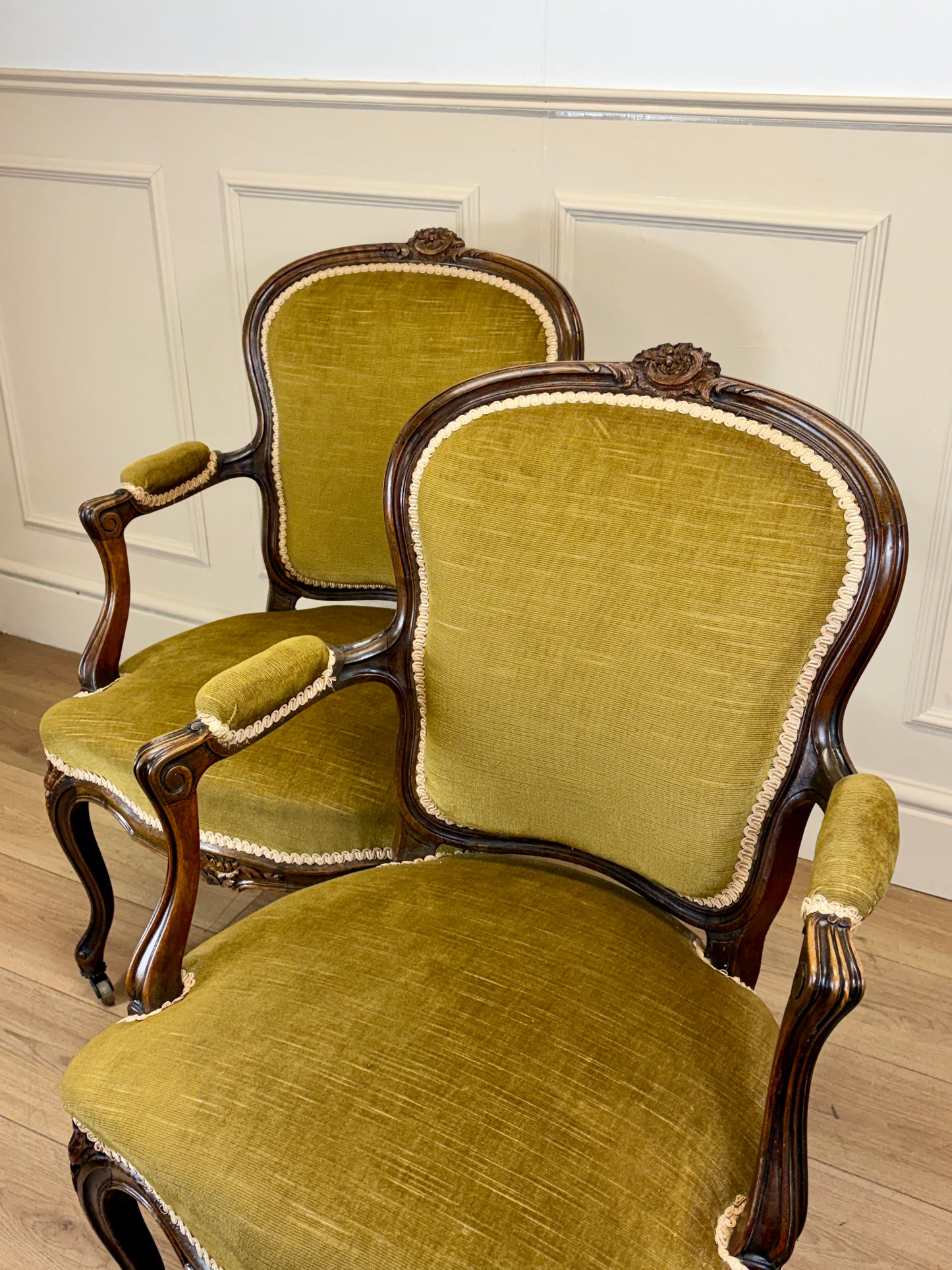 Pair of Antique Green Upholstered Louis XV Style Arm Chairs