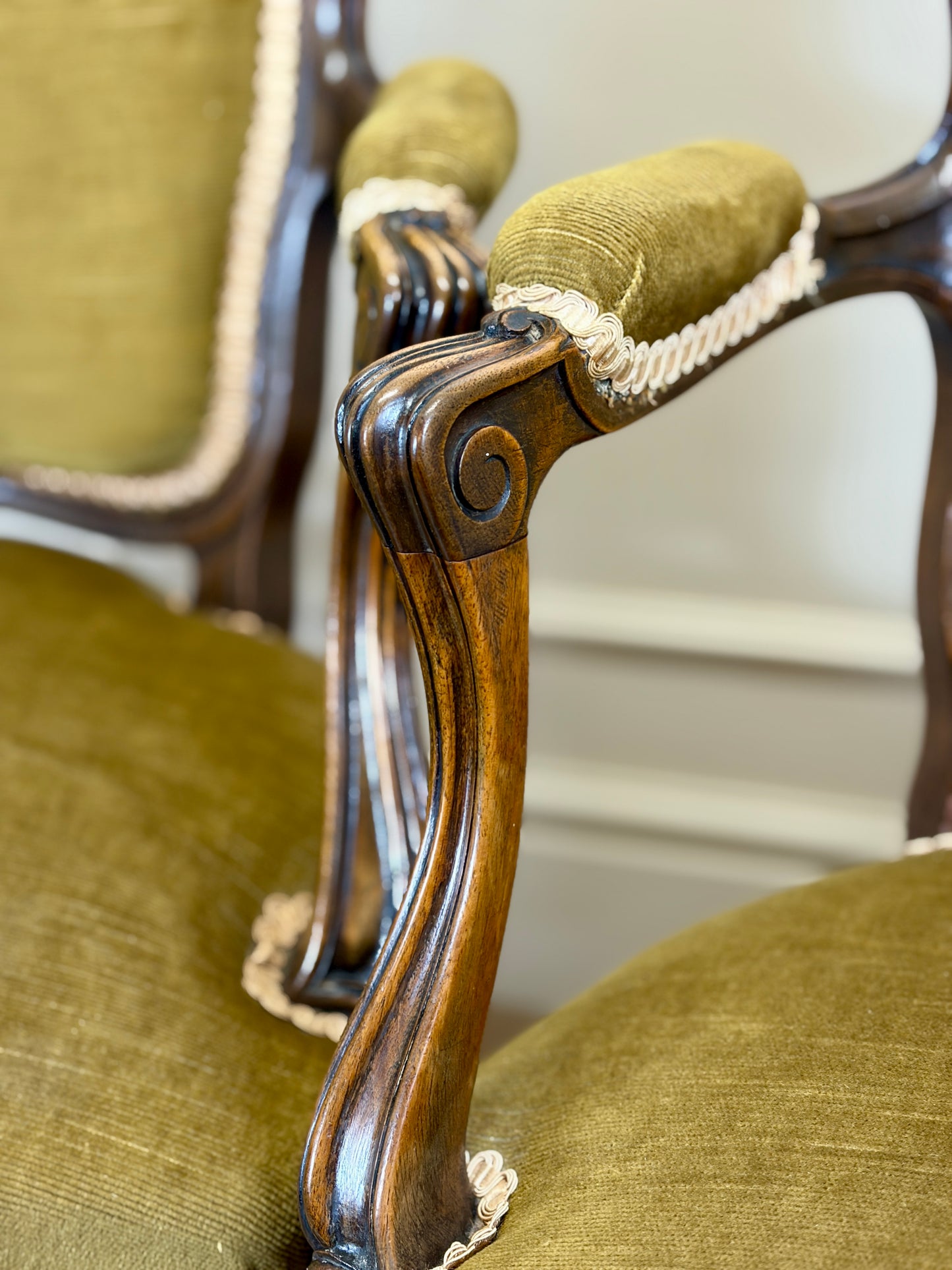Pair of Antique Green Upholstered Louis XV Style Arm Chairs