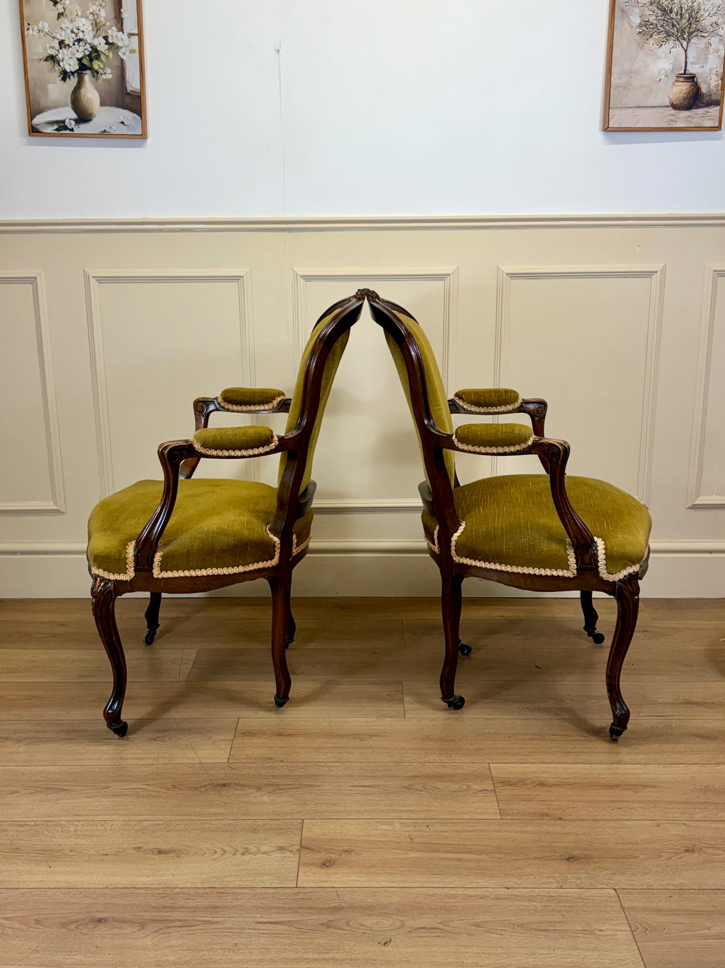Pair of Antique Green Upholstered Louis XV Style Arm Chairs