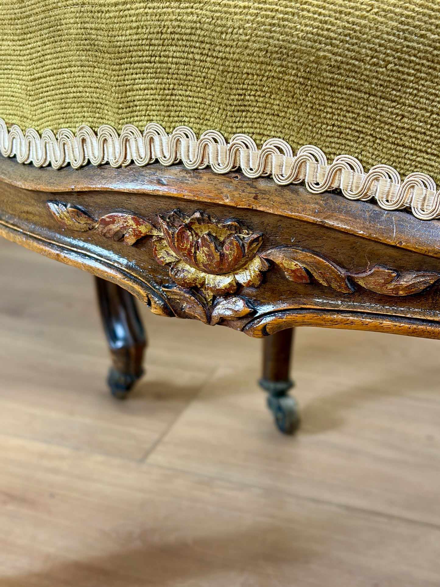 Pair of Antique Green Upholstered Louis XV Style Arm Chairs