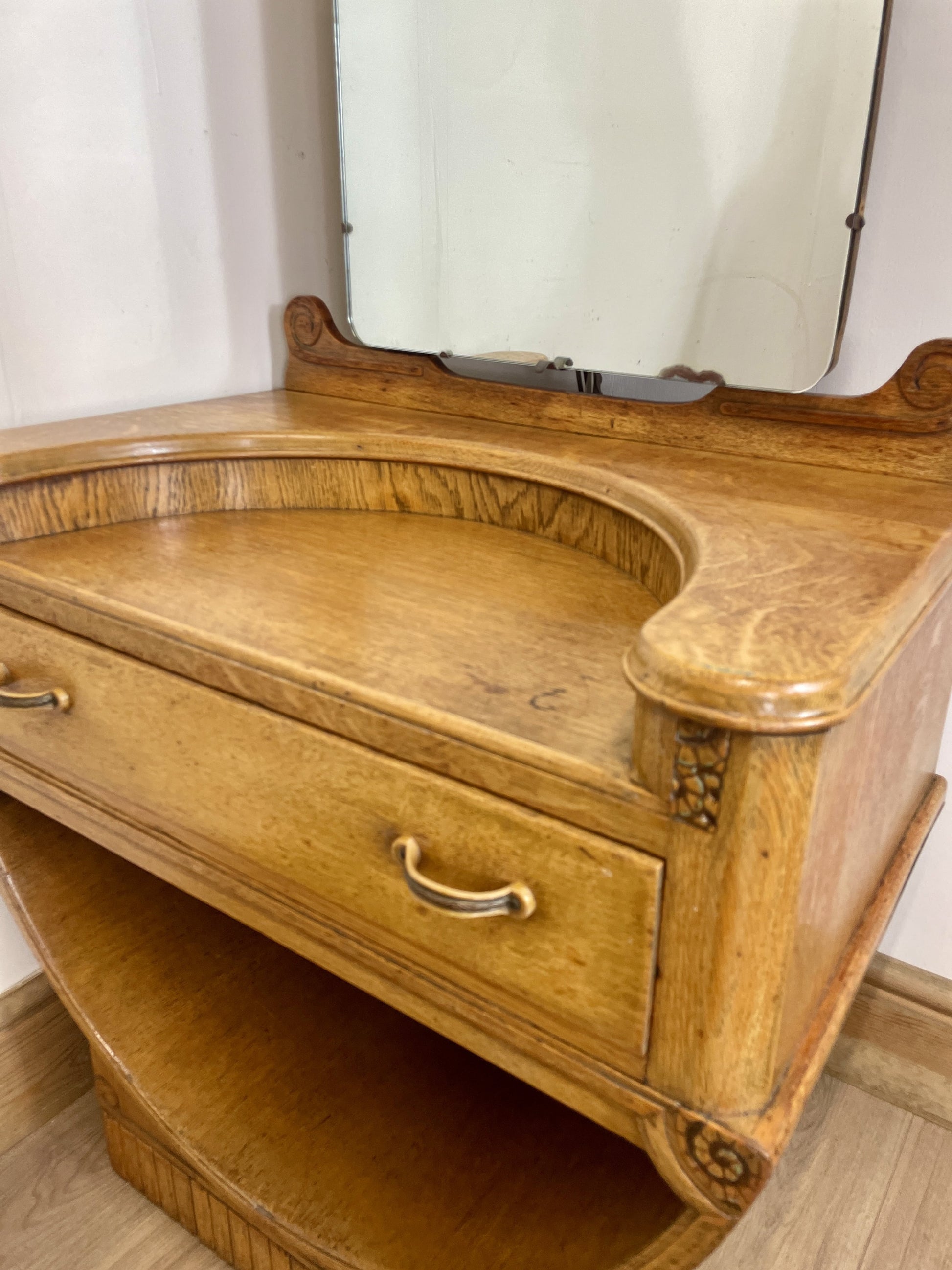 Wooden vanity with mirror and drawer