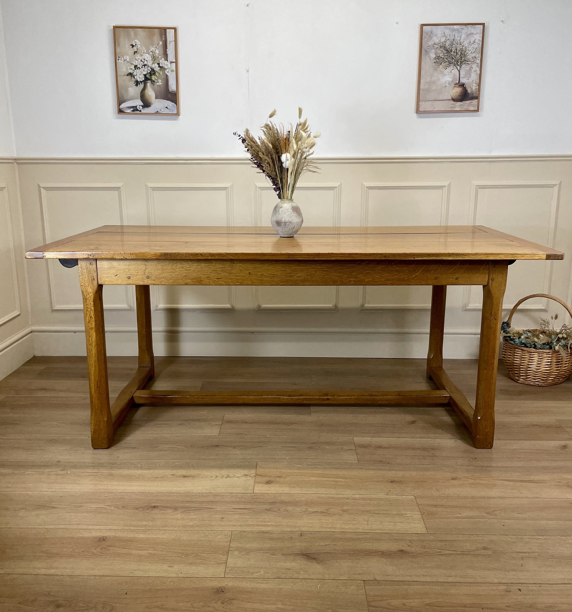 Vintage solid oak extending dining table with draw leaf design