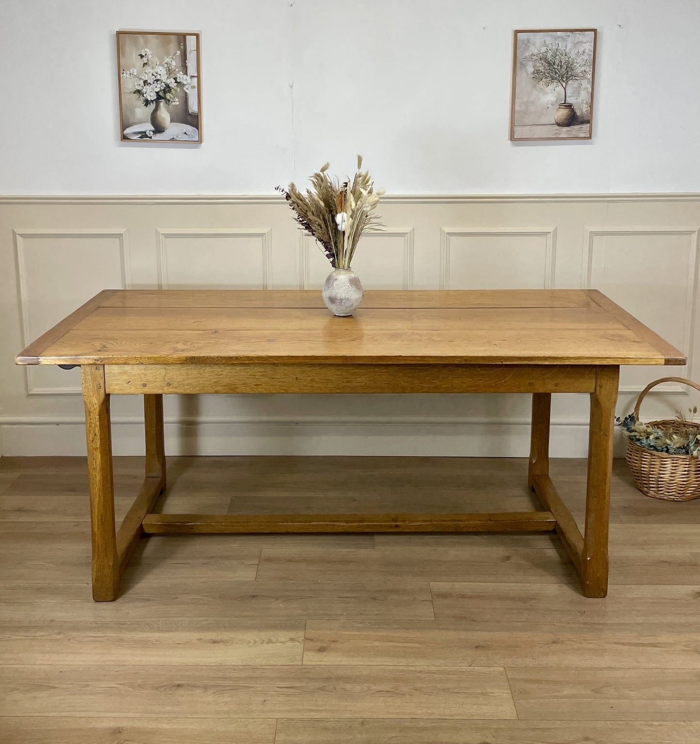 Vintage solid oak extending dining table with draw leaf design