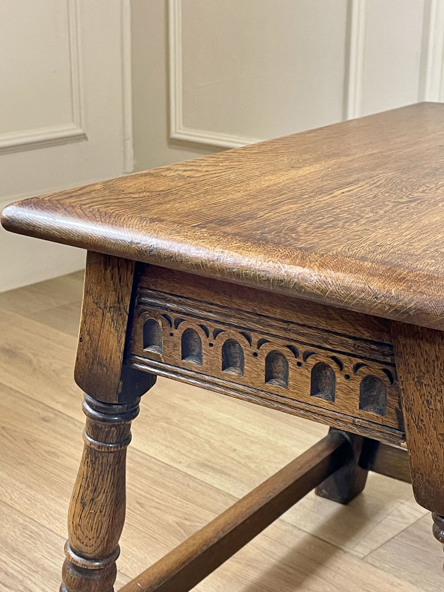 Vintage solid oak nest of 3 small tables with carved detail and splayed legs. Restored and ideal as practical antique side tables in any living room.